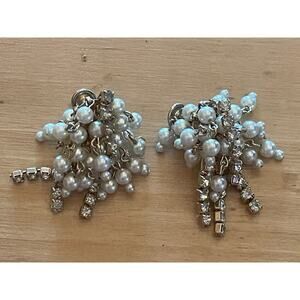Beautiful Pair of Vintage Dangle/tassel clip on earrings.Faux pearl & diamonds.